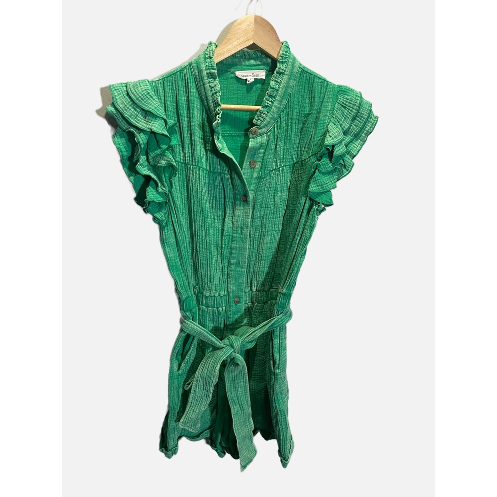 Sewn + Seen Romper Womens L Green Ruffle Sleeve Button Front Gauze Boho Summer‎